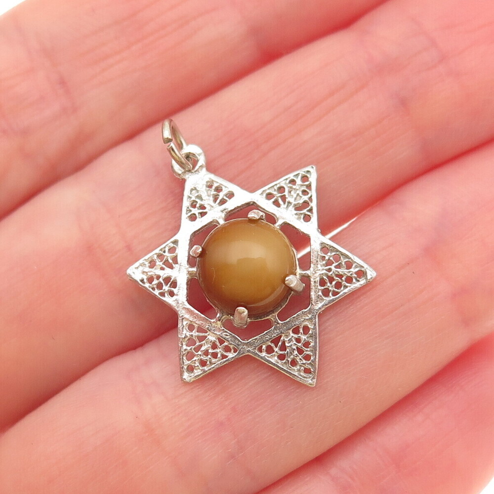 900 Silver Vintage Real Cat's Eye Star of David Charm Pendant